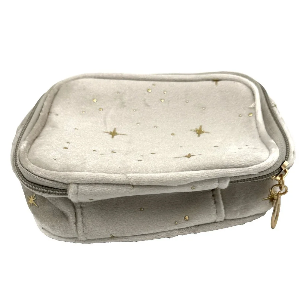 Celestial Stars Silver Velour Gold Embroidered Zip Travel Bag Small Portable NEW